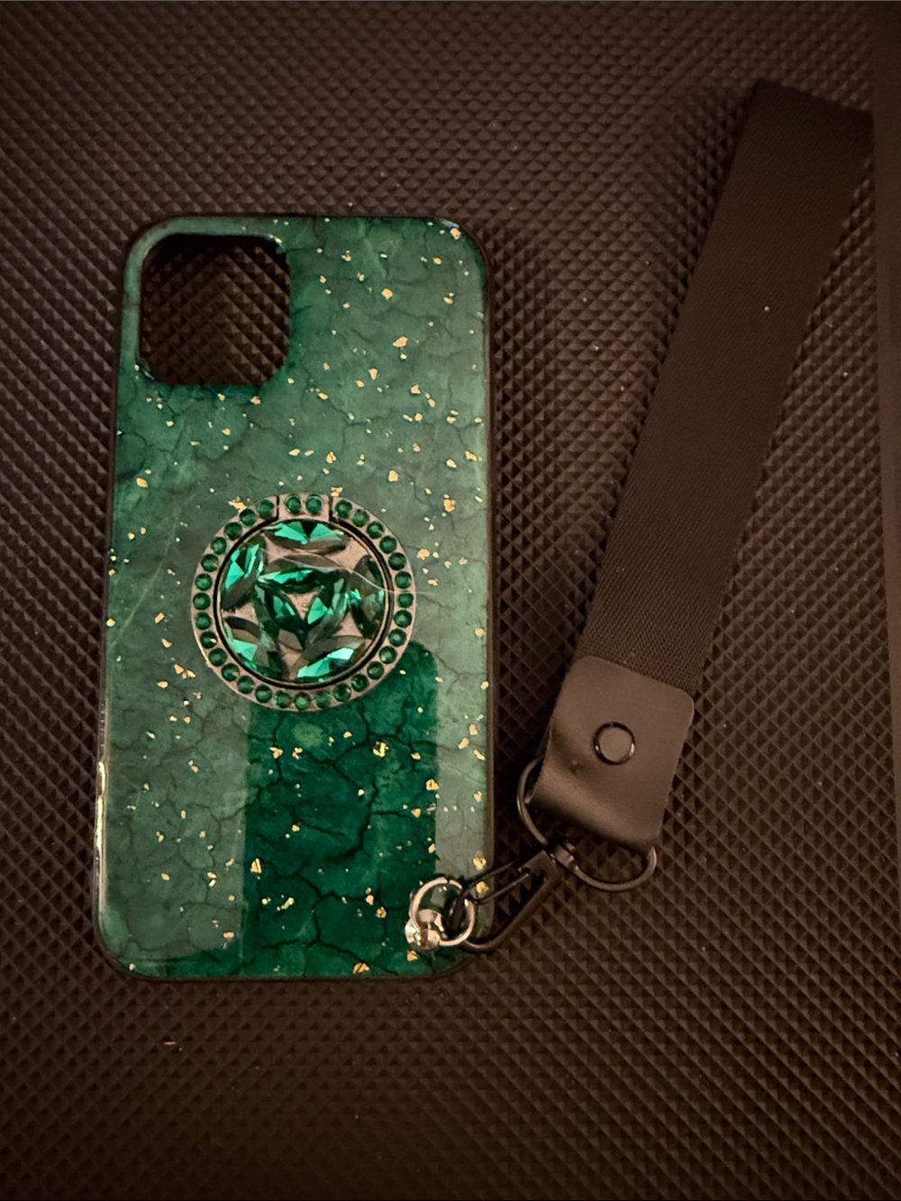 Green Marble Phone Case with Wrist Strap and Gem Accent iPhone